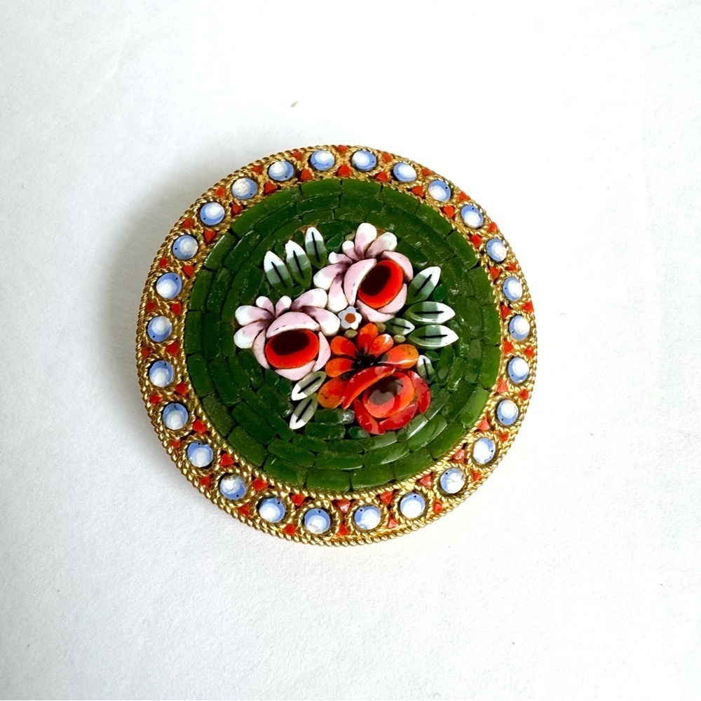 Vintage Micro Mosaic Brooch Green Rose Pin Signed Italy Italian Florentine - Picture 3 of 10